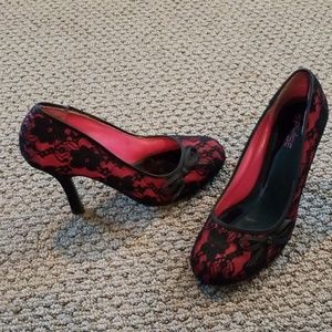 Hot pink and black lacy high heels